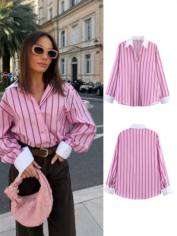 Femmes Casual Manches Longues Col Rabattu Chemise Rayée Ample Boutonné Simple Blouse Mode Streetwear Top