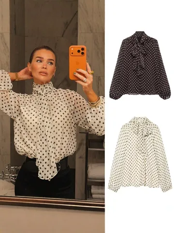 Blouse Manches Longues Design Pois Français Femme Casual Col Noué Plissé Manches Boules Coupe Ample Mode Haut