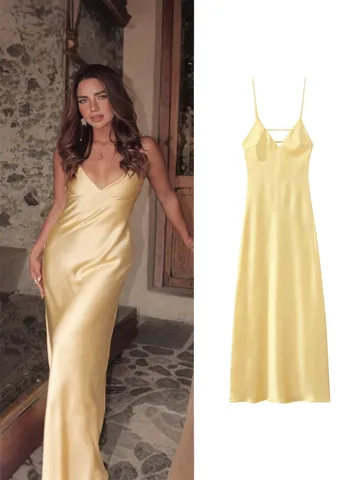 Femme Style Français Robe Nuisette Satin Élégant Col V Dos Nu Sans Manches Robe Midi Vacances d'Été Fête Décontractée