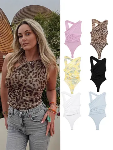 Femme Sexy Asymétrique Plissé Mesh Body Couleur Unie Imprimé Léopard Sans Manches Taille Haute Slim Fit Fête Clubwear