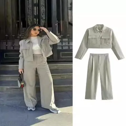 Conjunto De Top Y Parte Inferior De Blazer Y Pantalón Casual Para Mujer Manga Larga Cuello Rebatible Chaqueta Corta Pantalón Recto Color Sólido