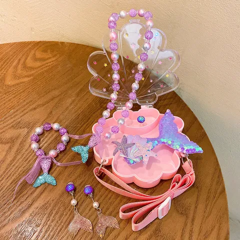 Kids Pearl Necklace Mermaid Jewelry Set Plastic Resin Princess Dress Up Accessories Party Gift For Girls