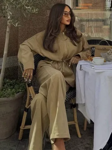 Femmes Décontracté Manches Longues Veste Fermeture Éclair Haut Et Pantalon Jambes Large Couleur Unie Polyester Automne Mode Streetwear Vêtements