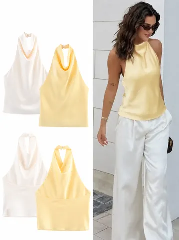 Top Sans Manches Halter en Satin Décontracté pour Femmes Été Couleur Unie Dos Nu Élégant Chic Blouse de Fête