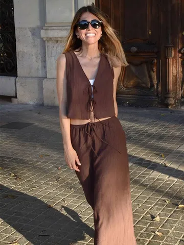 Ensemble Femme Décontracté Couleur Unie Col V Sans Manches Débardeur Et Jupe Longue Maxi Polyester