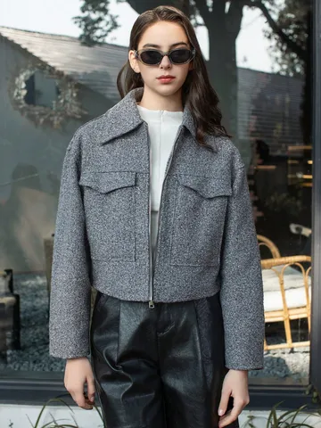 Veste Courte en Tweed Casual Col Stand Fermeture Éclair pour Femmes Automne Couleur Unie Manches Longues Poche Vêtement d'Extérieur Mode Streetwear