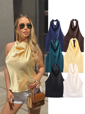 Top Sans Manches Halter en Satin Décontracté pour Femmes Été Couleur Unie Dos Nu Élégant Chic Blouse de Fête