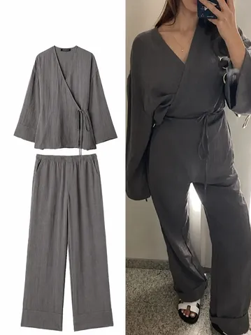 Women Casual Cotton Linen Kimono Cardigan And Wide Leg Pants Set Solid Color Long Sleeve Two Piece Outfit