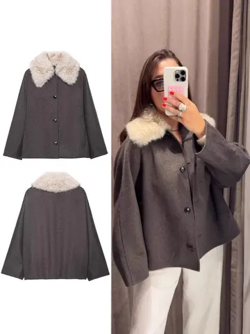 Manteau en Laine Chaud d'Hiver Décontracté pour Femmes Manches Longues Revers Simple Boutonnagement Col en Fausse Fourrure Couleur Unie Vêtement d'Extérieur Mode