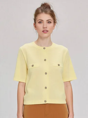Cardigan Tricoté à Manches Courtes pour Femmes Col Rond Couleur Unie Pull