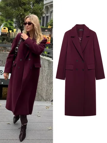 Manteau Long pour Femme Automne Hiver Mode Revers Croisé avec Poches Vêtement d'Extérieur Décontracté