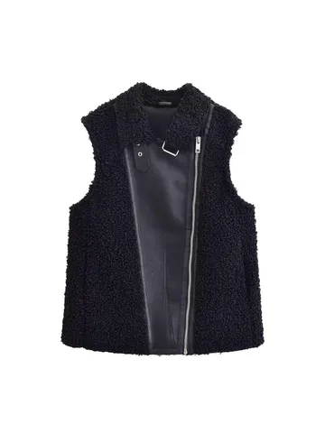 Women Winter Faux Fur Fleece Vest Lapel Asymmetric Zipper Sleeveless Jacket Casual Outwear Old Money Style