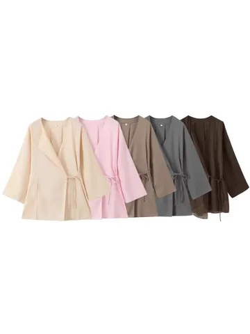Ensemble Haut et Pantalon Décontracté à Manches Longues Col en V à Lacets pour Femmes Couleur Unie Coupe Ample en Polyester