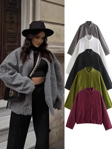 Veste Casual pour Femme Col Montant Boutons Pression Y2K Streetwear Couleur Unie Manches Longues Manteau Ample Mode