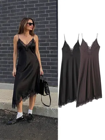 Women's European Style Lace Trim Satin Texture Slip Dress Elegant V Neck Sleeveless Midi Dress Casual Solid Color Dress