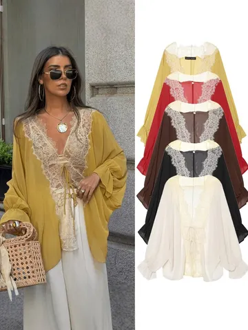 Women Casual V-Neck Lace Patchwork Chiffon Cardigan Long Sleeve Sun Protection Blouse Fashion Loose Summer Top