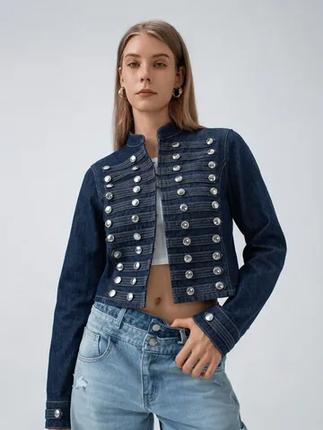 Damen Casual Jeansjacke Kurzer Stehkragen Zweireihig Metallknöpfe Slim Fit Mode Streetwear Oberbekleidung