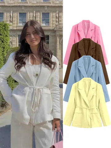 Blazer Décontracté en Mélange de Lin pour Femmes Manches Longues Revers Ceinturé Couleur Unie Veste Ouverte Vêtements d'Extérieur de Bureau