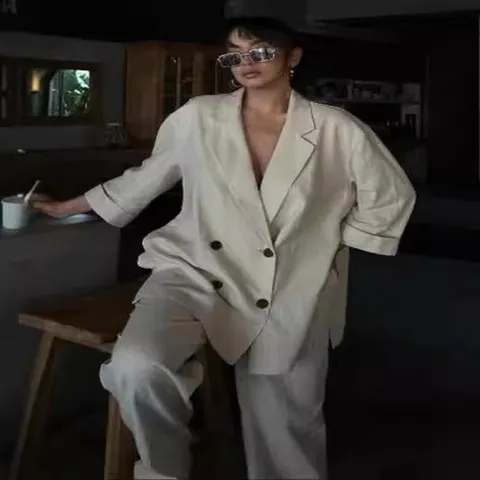 Femme Casual Double Boutonné Blazer Veste De Costume Et Long Pantalon Ensemble Couleur Unie Manches Longues Ample Streetwear Tenue Deux Pièces