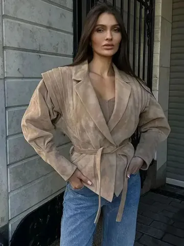 Women's Casual Faux Suede Jacket Vintage Long Sleeve Lapel Tie Waist Short Outerwear