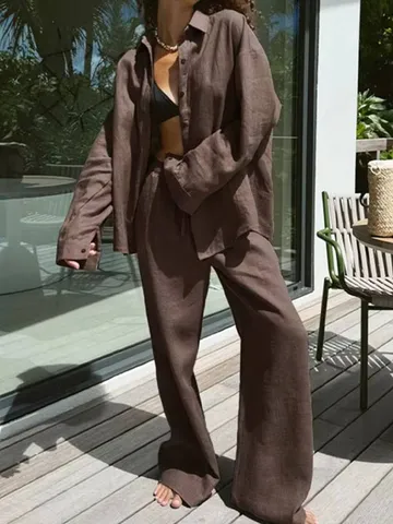Femmes Décontracté Manches Longues Col Rabattu Couleur Unie Chemise Et Pantalon Large Ample Ensemble