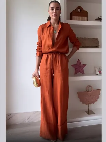 Femmes Décontracté Manches Longues Col Rabattu Couleur Unie Chemise Et Pantalon Large Ample Ensemble