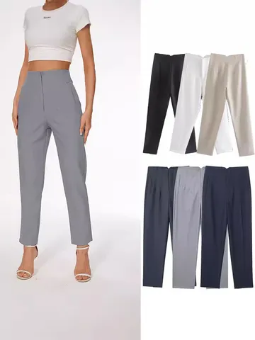 Pantalon de Costume Casual Taille Haute pour Femmes Jambes Droites Bureau Carrière Couleur Unie