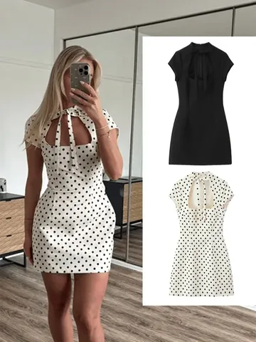 Robe Mini Moulante Slim Élégante Française à Pois avec Col Noué Manches Courtes Robe Décontractée d'Été pour Femmes