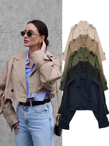 Women Casual Solid Color Short Trench Coat Jacket Long Sleeve Lapel Double Breasted Outerwear With Belt