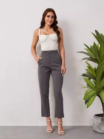 Pantalon de Costume Casual Taille Haute pour Femmes Jambes Droites Bureau Carrière Couleur Unie