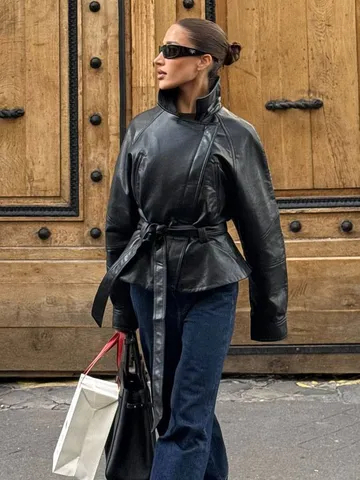 Women's Short Faux Leather Trench Coat Lapel Long Sleeve Casual Jacket With Belt Autumn Streetwear Outerwear