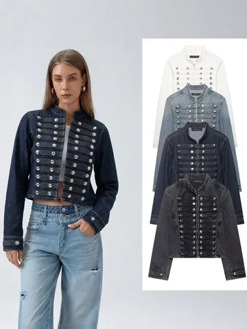 Damen Casual Jeansjacke Kurzer Stehkragen Zweireihig Metallknöpfe Slim Fit Mode Streetwear Oberbekleidung