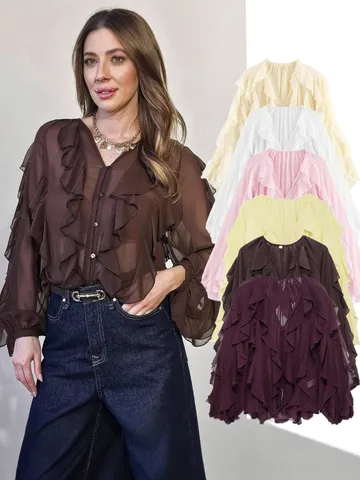 Dames Casual Lange Mouw V-Hals Blouse Effen Kleur Gelaagde Volants Pullover Elegante Mode Shirt Top