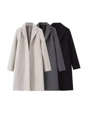 Manteau en Laine Longue Décontracté Manches Longues Revers Couleur Unie Devant Ouvert Coupe Ample Hiver Vêtements d'Extérieur