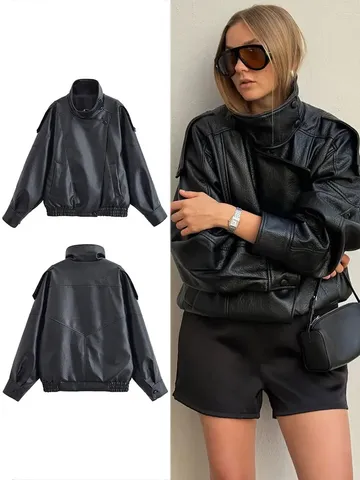 Veste en Cuir PU Décontractée pour Femmes Col Montant Manches Longues Fermeture Éclair Motif Litchi Vêtements d'Extérieur Mode Streetwear