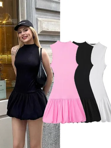 Femme Été Européen Américain Slim Dos Nu Sans Manches Patchwork Bulle Courte Robe Sexy Style Ballet Robe
