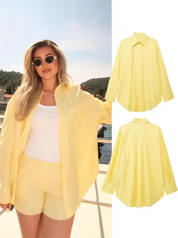 Chemise Rayée Décontractée à Manches Longues pour Femmes avec Col Rabattu Simple Boutonnage Ample Protection Solaire