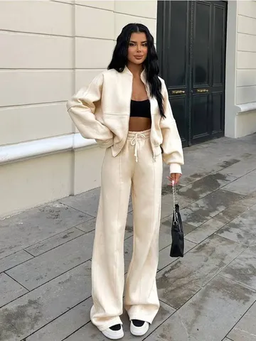 Survêtement Décontracté pour Femmes Doublé Polaire Veste Aviateur Zippée Et Pantalon Long Taille Élastique Ensemble Vêtement D'Extérieur Hiver