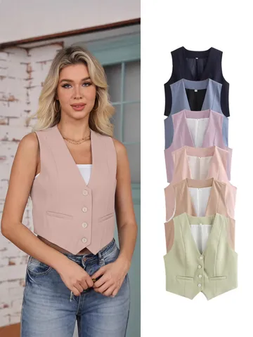 Débardeur Court Col V Simple Boutonnage Style Y2K Mode Slim Fit Sans Manches pour Femmes