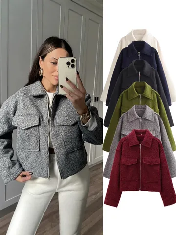 Veste Courte en Tweed Casual Col Stand Fermeture Éclair pour Femmes Automne Couleur Unie Manches Longues Poche Vêtement d'Extérieur Mode Streetwear