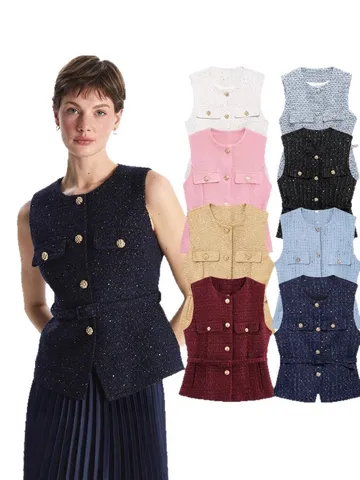 Gilet en Tweed Décontracté pour Femmes Vintage Slim Sans Manches Col Rond Crop Top Avec Boutons Métalliques et Ceinture Mode Printemps