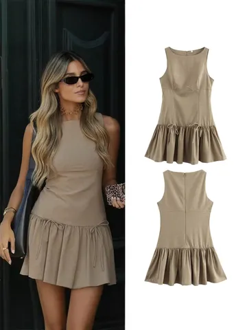 Femmes Style Vacances Couleur Unie Noeud Décor Sans Manches Taille Haute Mini Robe Robe Nuisette Été Décontractée