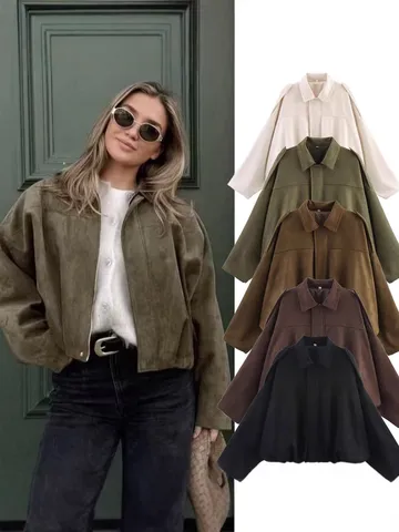 Veste Bomber à Revers en Suédine pour Femmes Décontractée Ample Manches Longues Fermeture Éclair Couleur Unie Mode Streetwear Vêtements d'Extérieur