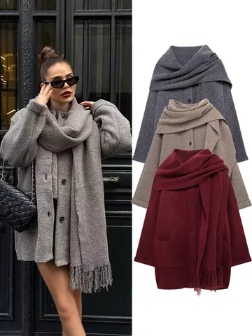 Manteau Cardigan en Tricot Ouvert Décontracté pour Femmes Avec Écharpe Manches Longues Bouton Simple Boutonné Couleurunie Vêtement Haut