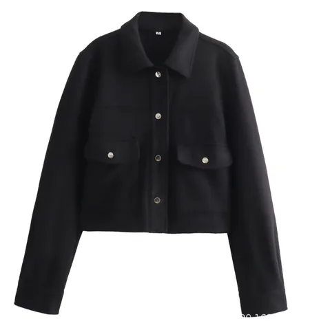 Femmes Casual Revers Boutonné Simple Manches Longues Poche Polyester Manteau en Laine Veste Courte Solide