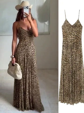 Robe Longue Maxi Imprimé Léopard Sans Manches Col V Sexy pour Femmes Robe Nuisette Été Coupe Slim Soirée Plage
