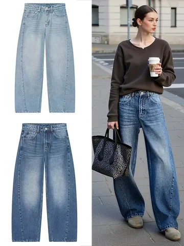 Femme Casual Ample Large Jambe Jean Haute Moyenne Taille Denim Pantalon Mode Streetwear Pantalon Automne Style Rue