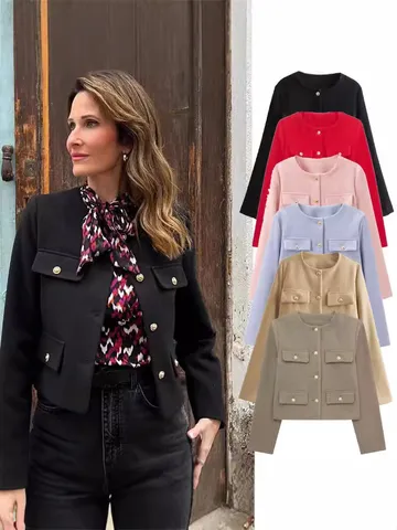 Manteau Court en Tweed Décontracté pour Femme Col Rond Manches Longues Veste Simple Boutonnage Avec Poche