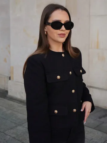 Manteau Court en Tweed Décontracté pour Femme Col Rond Manches Longues Veste Simple Boutonnage Avec Poche