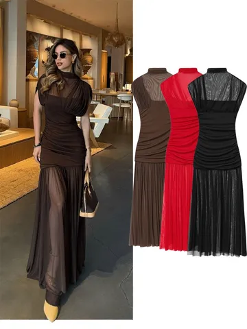 Robe Longue Sans Manches Col Montant Patchwork Plissé Style Européen et Américain Femme Printemps